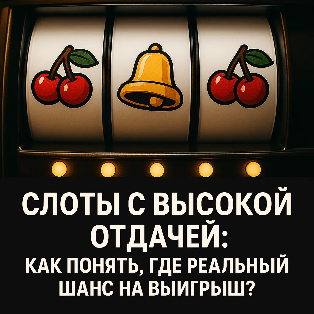 Барабаны слот-машины с вишнями и золотым колоколом на фоне, текст: Слоты с высокой отдачей — как понять, где реальный шанс на выигрыш