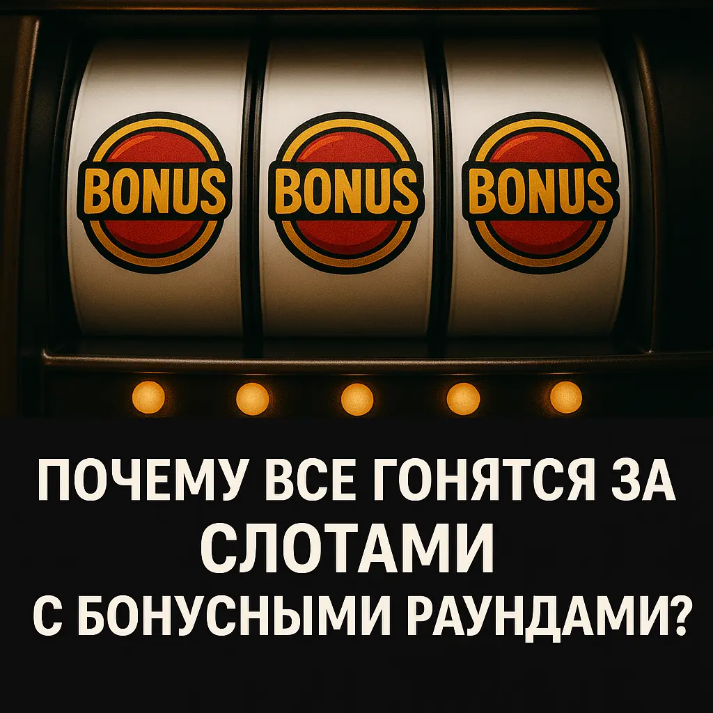 Слот-машина с тремя символами BONUS на барабанах, текст: Почему все гонятся за слотами с бонусными раундами?