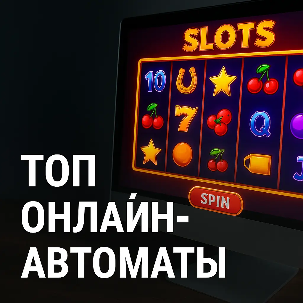 Экран компьютера с онлайн-слотом и надписью ТОП ОНЛАЙН-АВТОМАТЫ на тёмном фоне