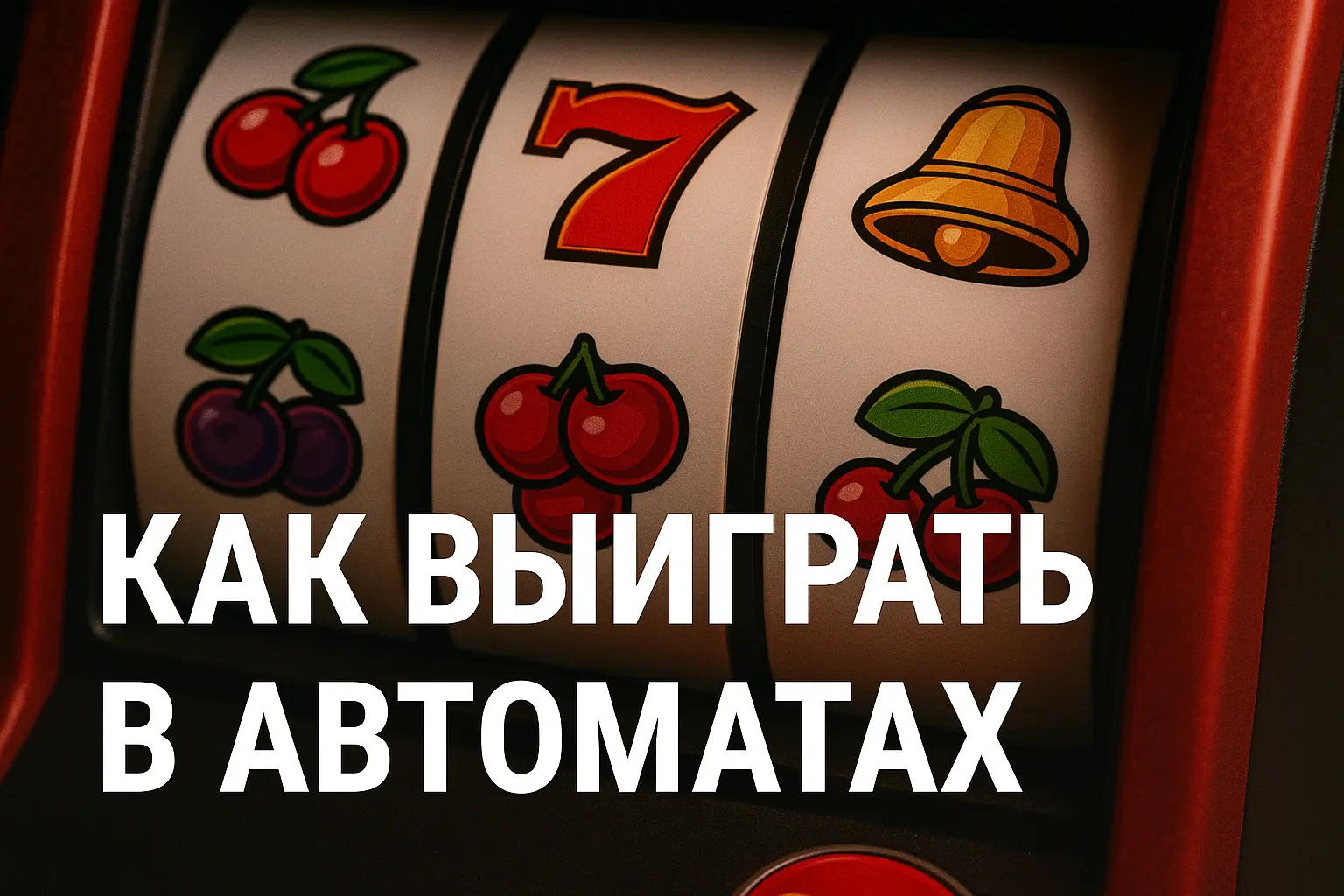 Слот-машина с символами вишен, семёрки и колокола, на фоне надпись: Как выиграть в автоматах