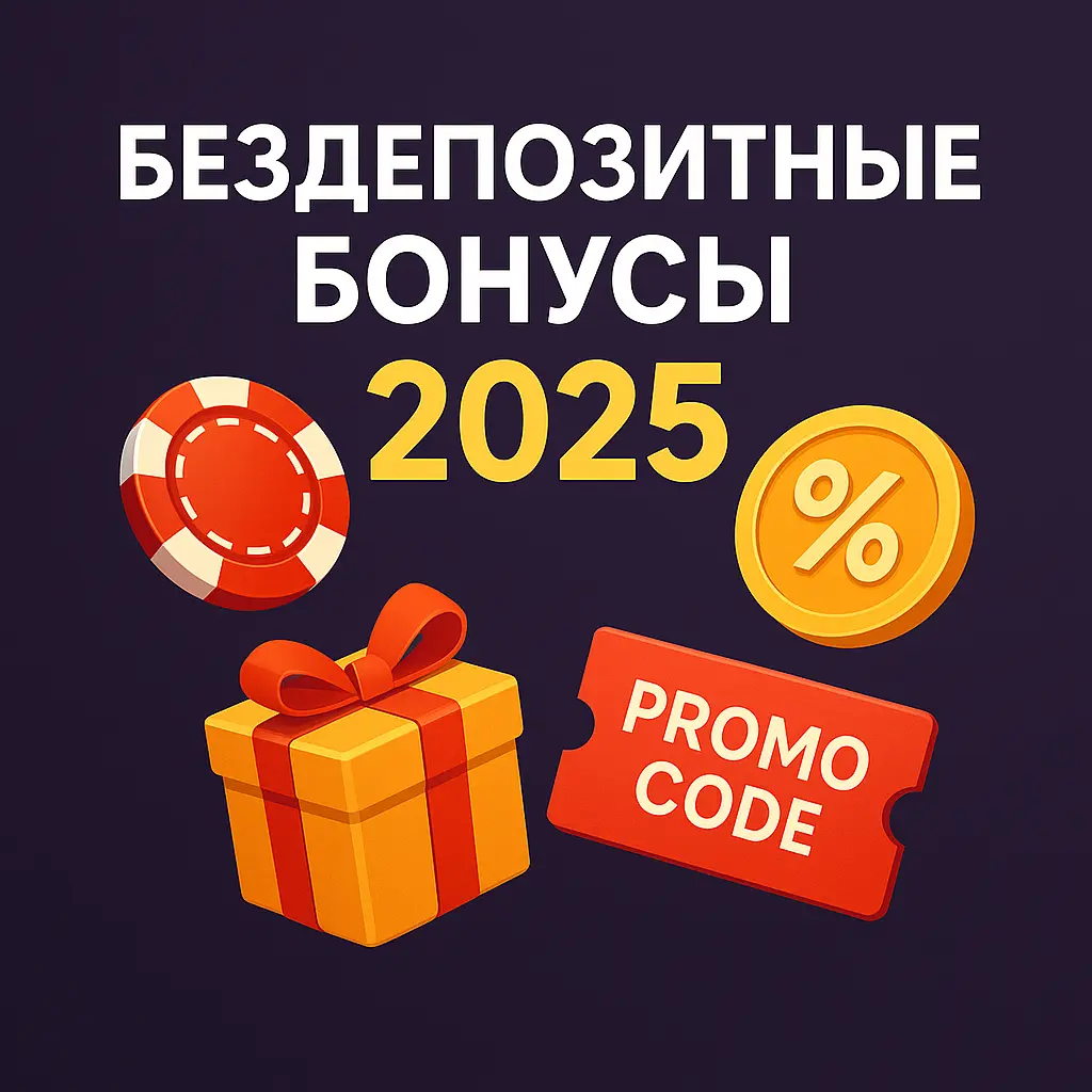 Бонусная акция 2025: фишка, монета с процентом, подарочная коробка и промокод на фоне текста Бездепозитные бонусы 2025